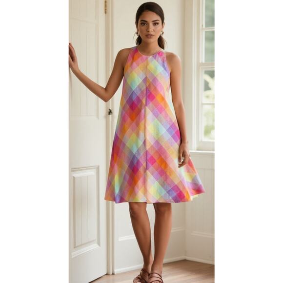 Lands' End Linen Swing Dress Rainbow Plaid Sleeveless Pockets Women's Size S 6-8 - Picture 1 of 13